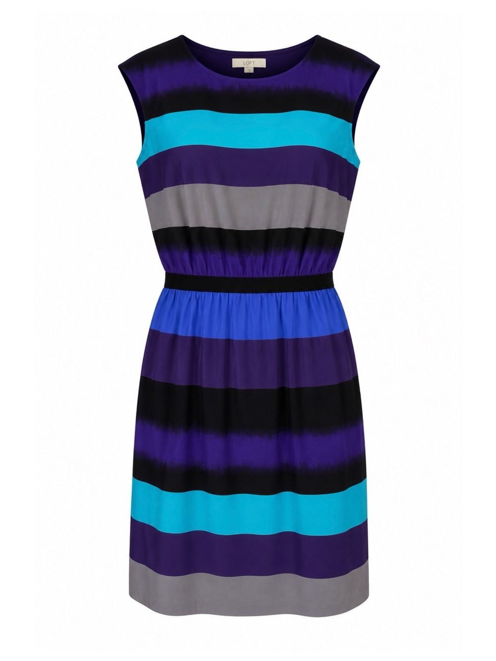 LOFT Multicolor Striped Cap-Sleeve Dress — Turquoise, Purple & Black